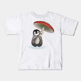 Happy emperor penguin chick with mushroom Kids T-Shirt